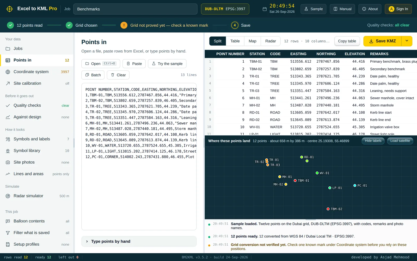 Points in: the sample sheet loaded, with the points table and a preview of where they land