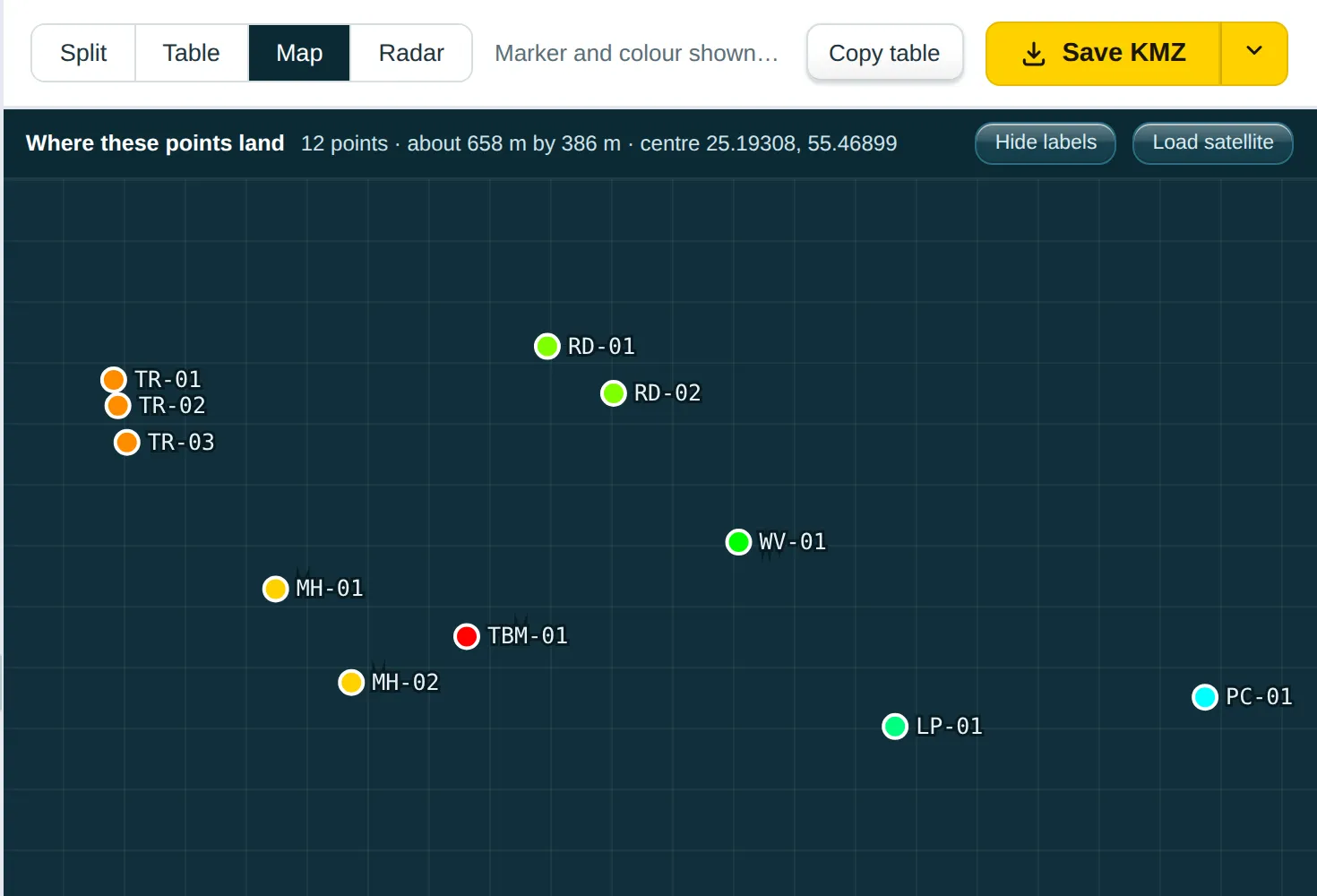 Map view with coloured markers and a legend of codes