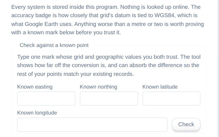 Check against a known point: fields for a known easting, northing, latitude and longitude