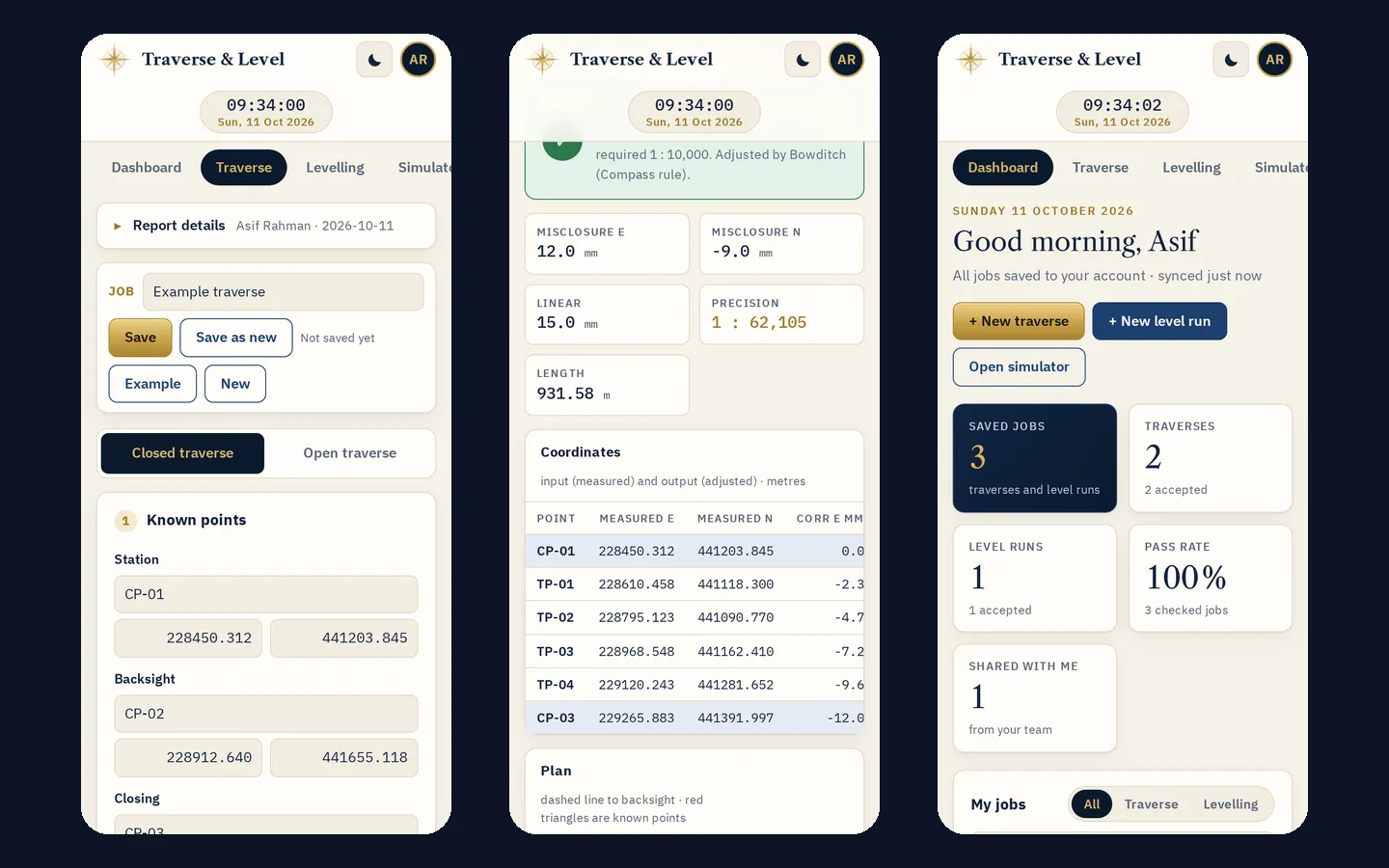 Three phone screens: the traverse form, the result and the dashboard