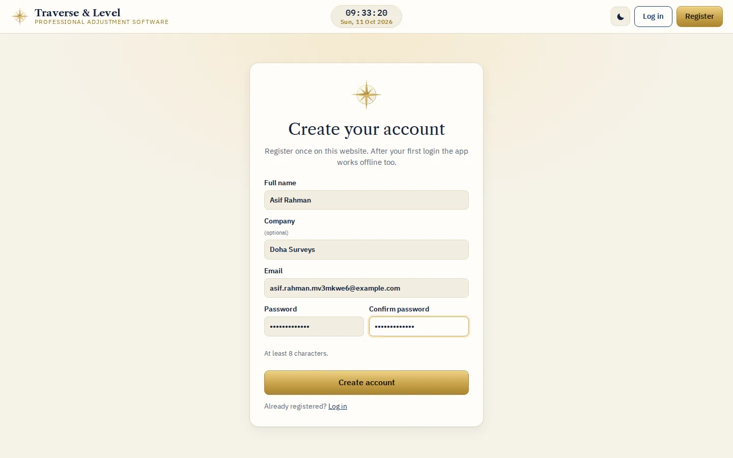 02 Your account screen of the Traverse and Level Adjustment Software