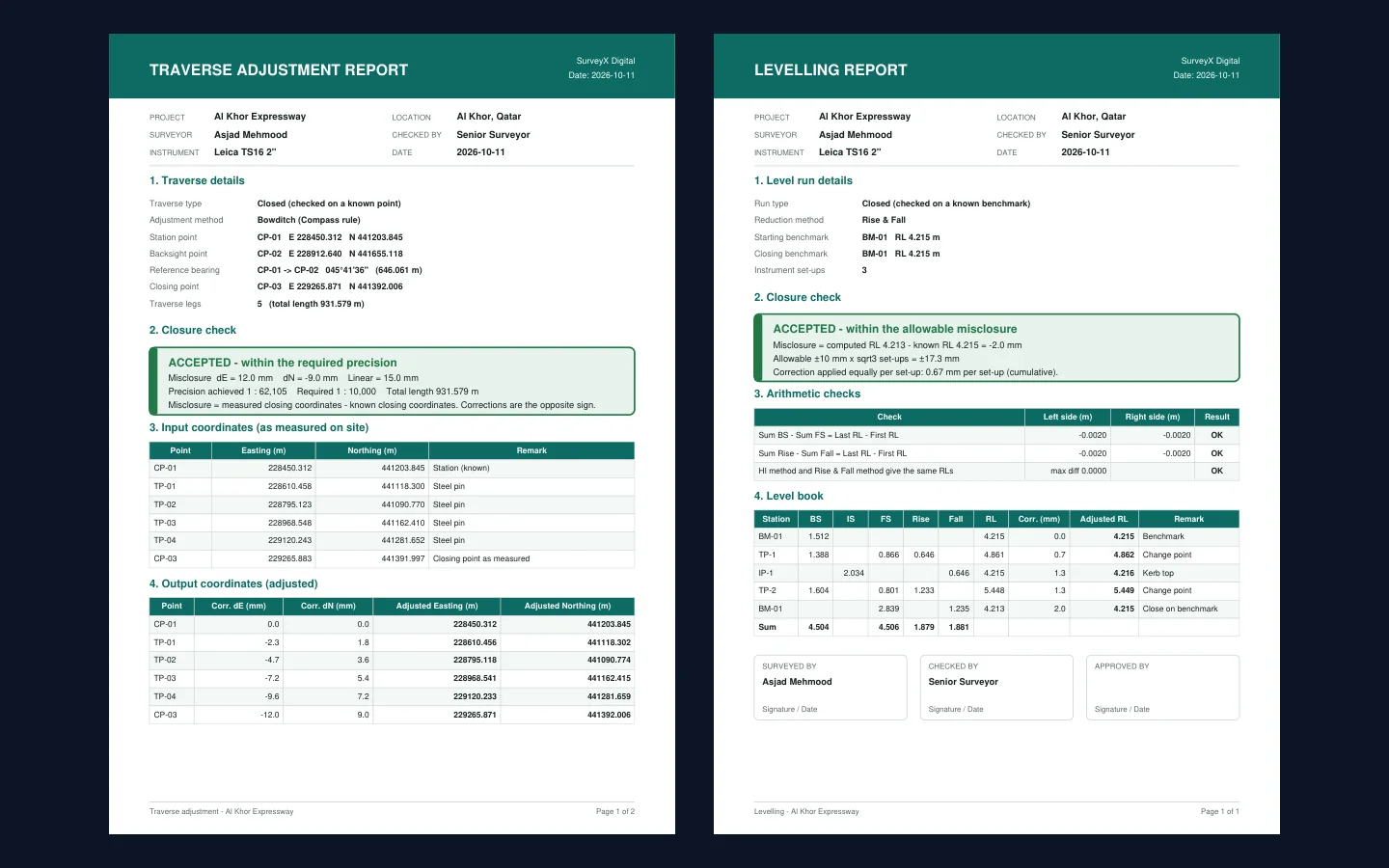 09 PDF reports screen of the Traverse and Level Adjustment Software
