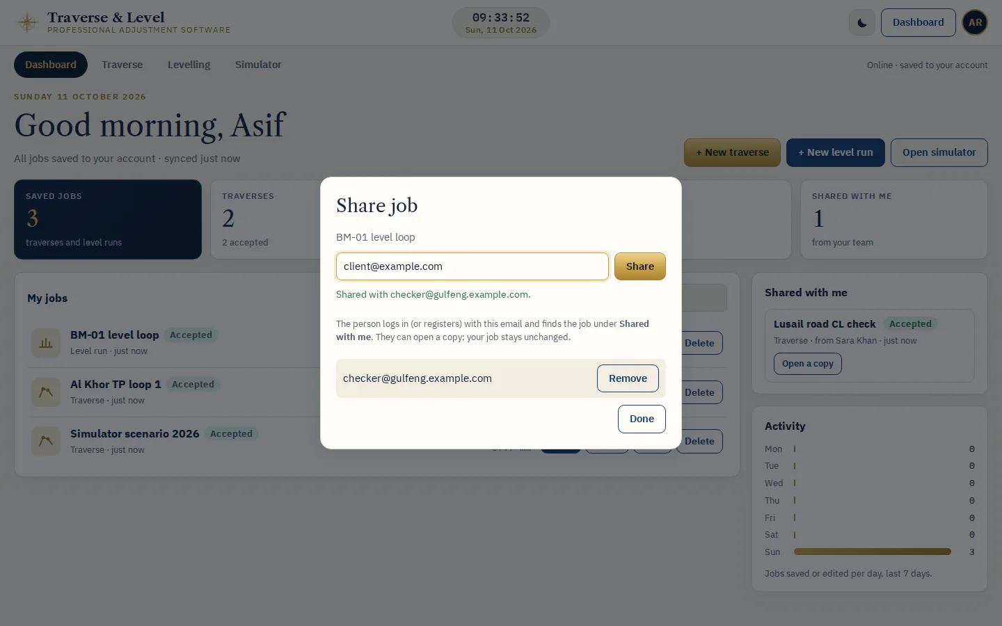 12 Share a job screen of the Traverse and Level Adjustment Software