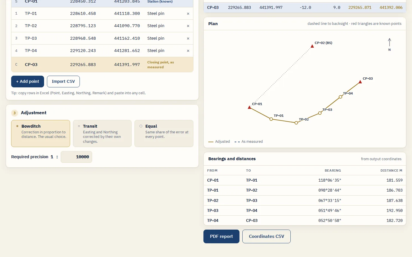 06 Bearings and report screen of the Traverse and Level Adjustment Software