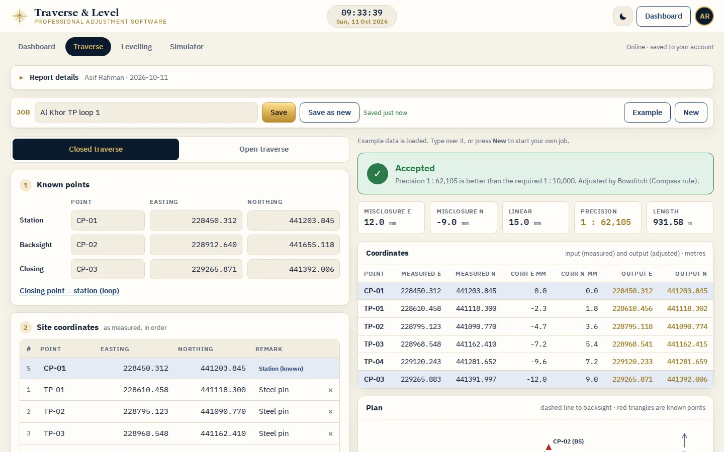 04 Known points and result screen of the Traverse and Level Adjustment Software